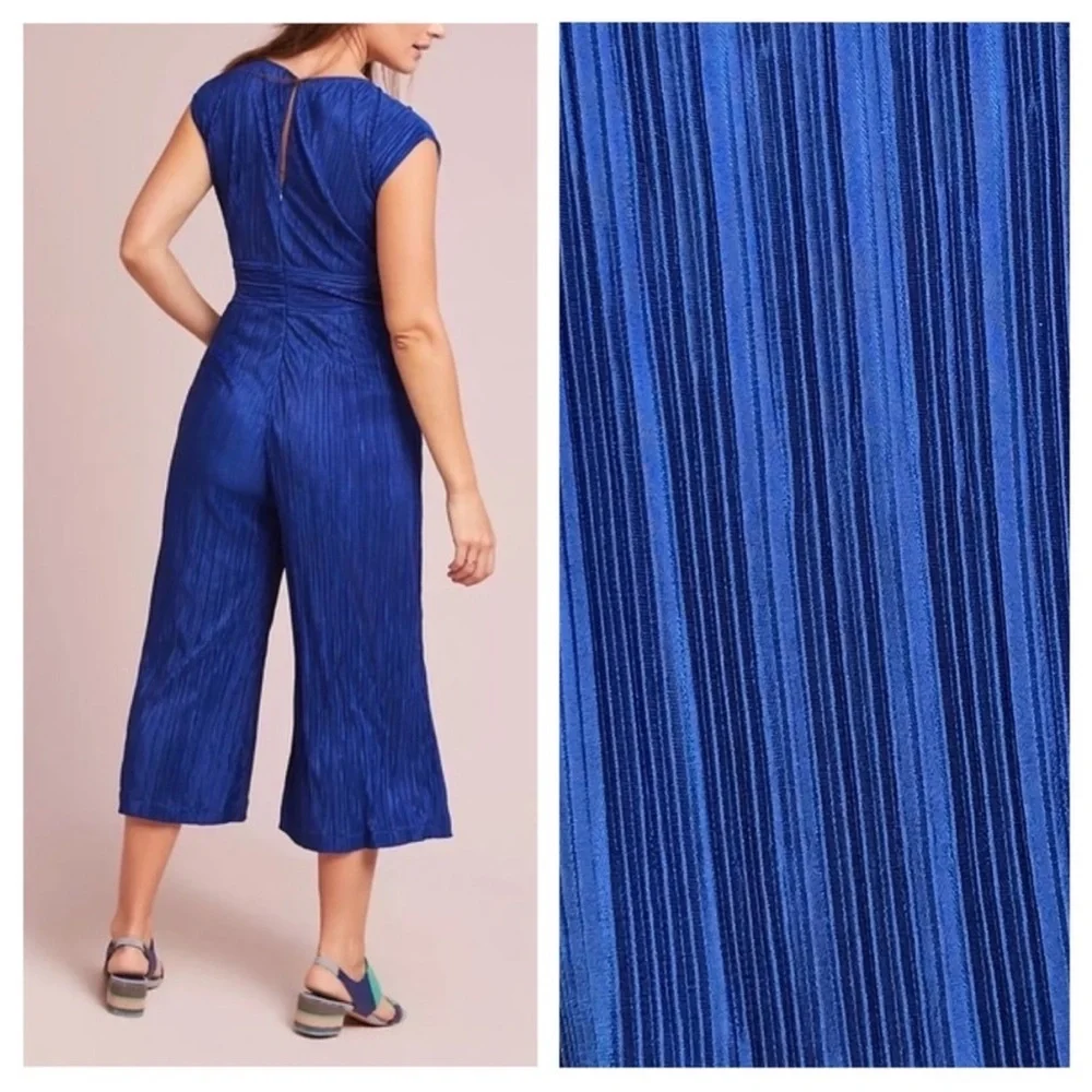 Maeve Sonata Belted Plisse Pleated Belt Tie Wide Leg Blue Jumpsuit